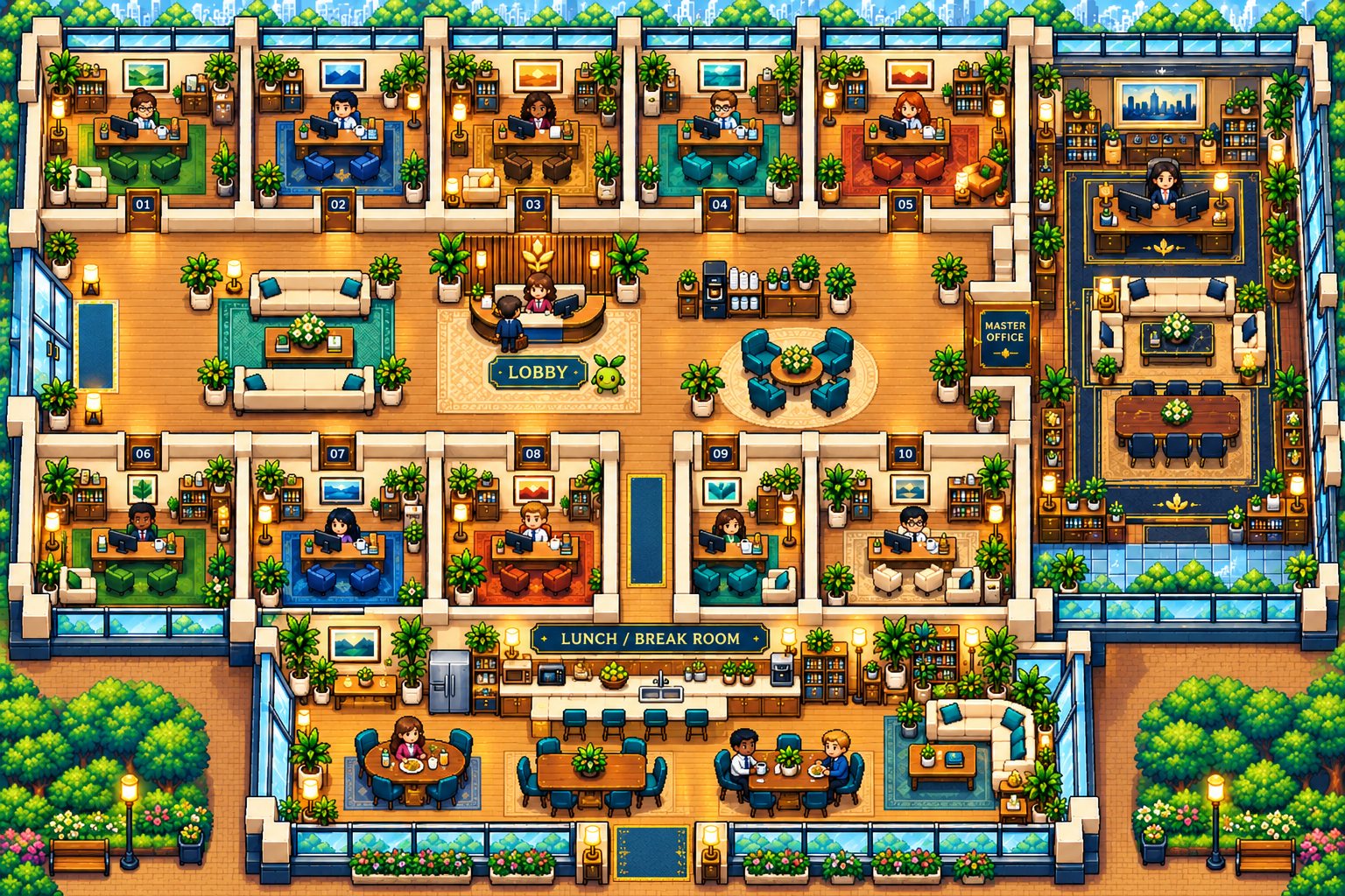The Agents HQ office: 16 pixel-art agents at their desks