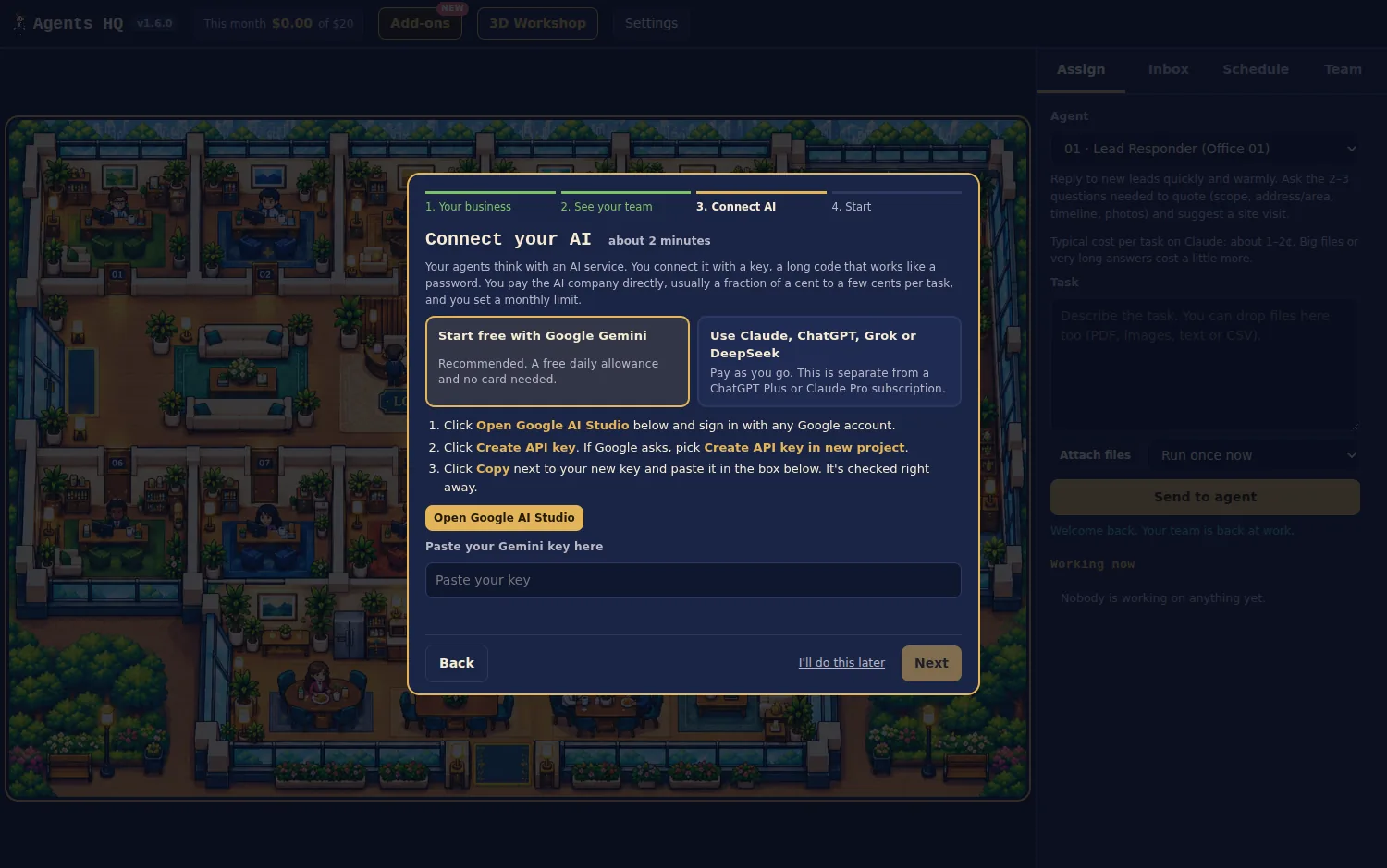 The Connect your AI step in Agents HQ setup, with Start free with Google Gemini selected and a box to paste the key